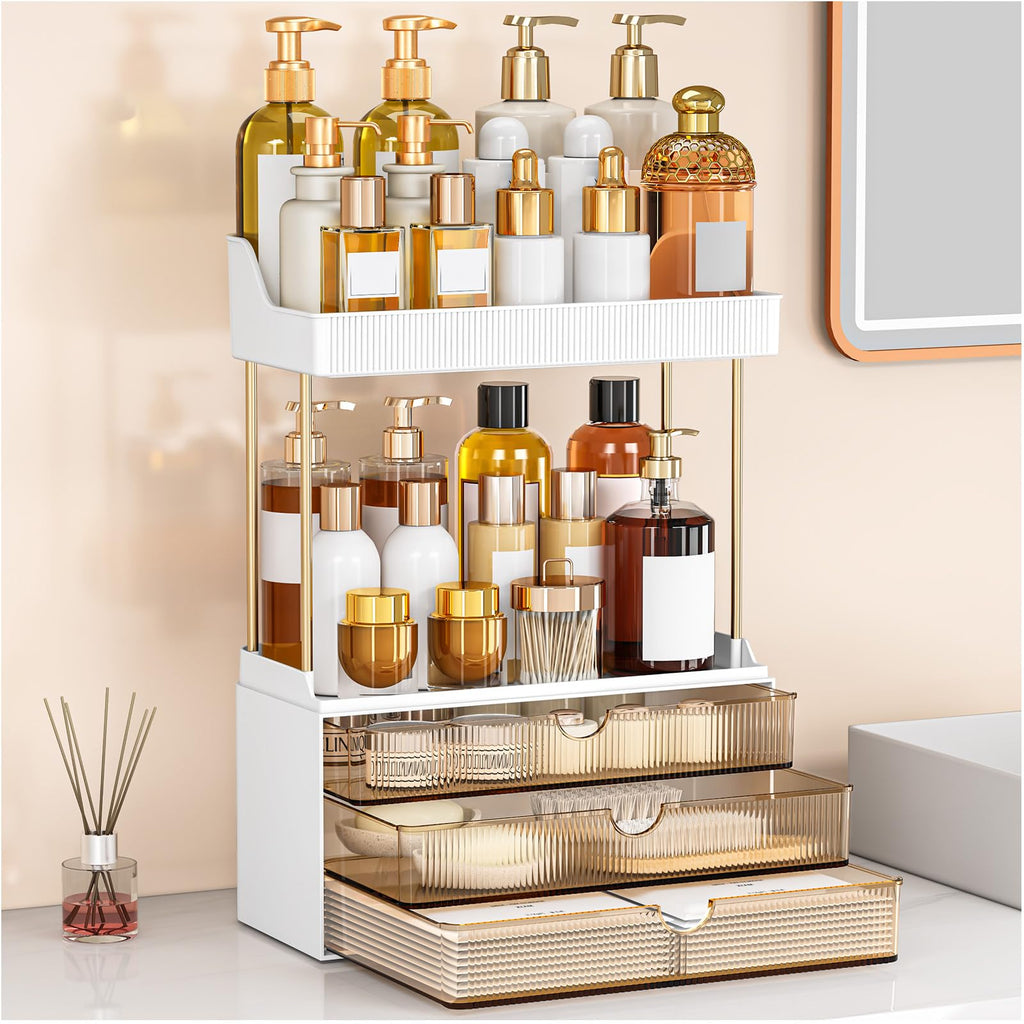 caktraie Bathroom Organizers and Storage - 3 Drawers 2 Tier Makeup Organizer, Cosmetic Storage Drawer for Dresser Countertop and Bathroom Vanity for Large Skincare, Perfume, Amber