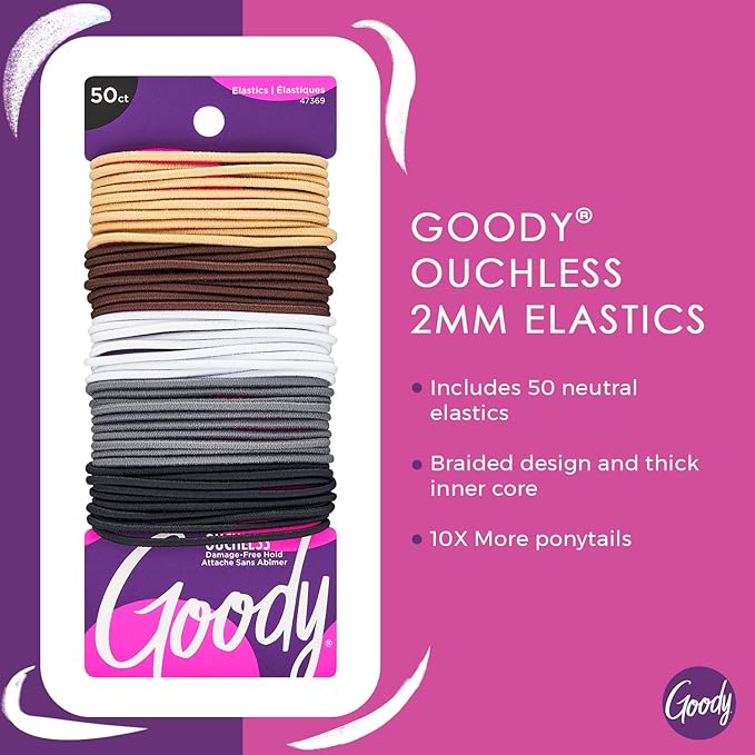 Goody Ouchless Hair Elastics – No Pull,No Breakage,Tangle-Free Hold for Fine Hair –,Assorted Neutrals,Long-Lasting Ponytail Holders for Women & Men,50 Count (Pack of 2)