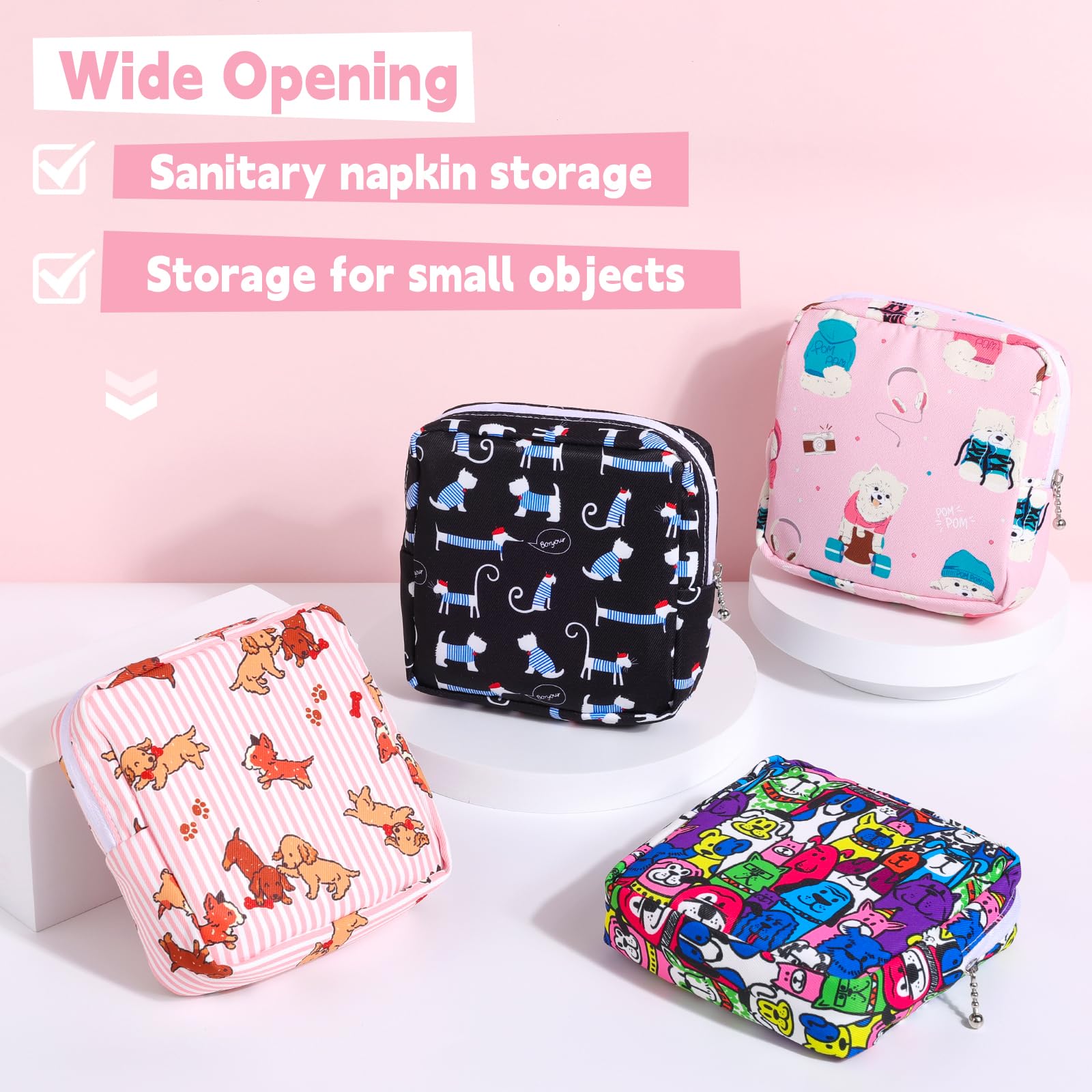 Desing Wish Sanitary Pad Storage Bag Portable Period Bag for Teen Pads/Sanitary Napkins/Small Tampons, Sanitary Napkin Storage Bag First Period Gifts for Teen Girls (Bowknot Dachshund)