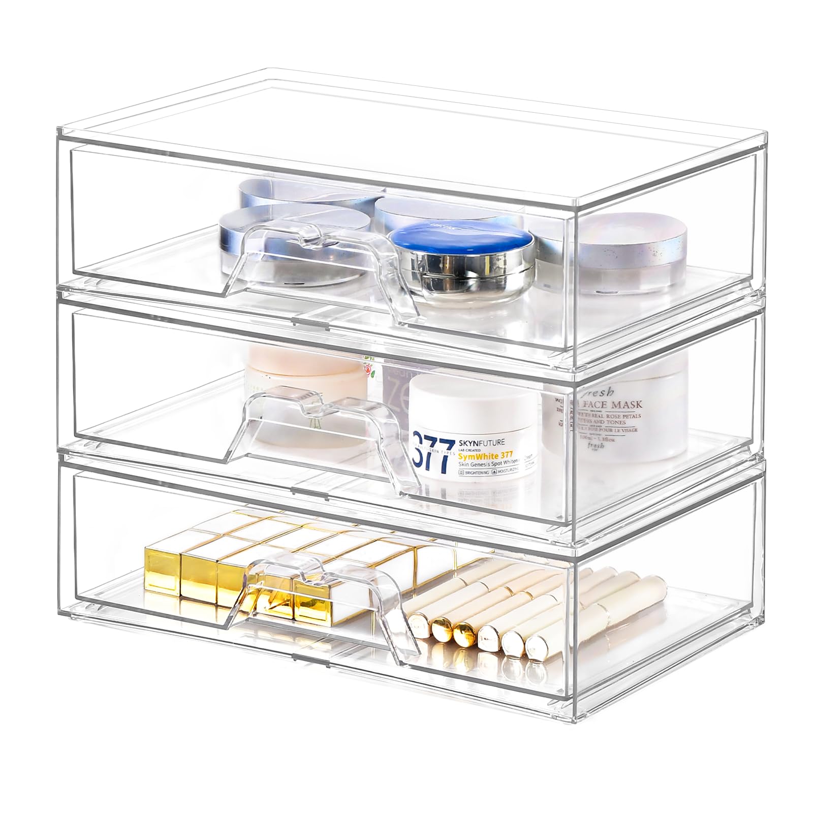 3 Pack Stackable Makeup Organizer, 12.1''L Acrylic Bathroom Organizer and Storage Undersink Drawer, Cosmetics and Beauty Supplies,Clear Plastic Storage Bins for Vanity,Pantry,Desk,Cabinet,Kitchen