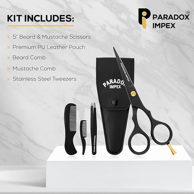 5” Beard and Mustache Scissors, German Stainless Steel Beard Scissors Come with 1 Tweezers, 1 Beard Comb, 1 Mustache Comb and Pouch, Hair Scissors for All Facial Hairs. (Black)