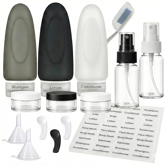 Dot&Dot Leak Proof Travel Bottles - Tubes for Liquid TSA Approved 3oz 15 pc Silicone Toiletries Travel Shampoo & Conditioner Containers with Labels
