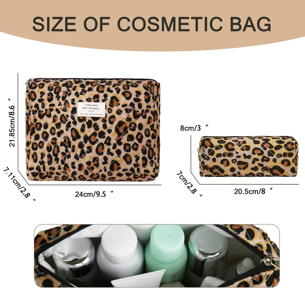 Gosect 2PC Makeup Bag Set, Cute Cosmetic Bag for Women Girls, Floral Coquette Aesthetic Toiletry Bag, Travel Make Up Organizer Bag (Leopard Print)