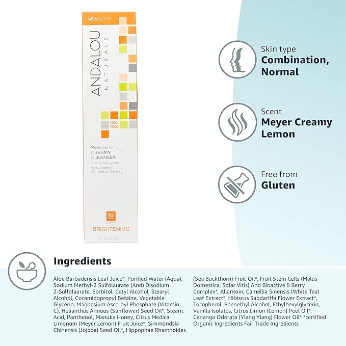 Andalou Naturals Brightening Meyer Lemon + Vitamin C Creamy Cleanser | Gentle Face Wash to Even Tone & Boost Glow | Aloe Vera & Natural Ingredients-| For Dull Skin-| 6 oz,(Pack of 2)