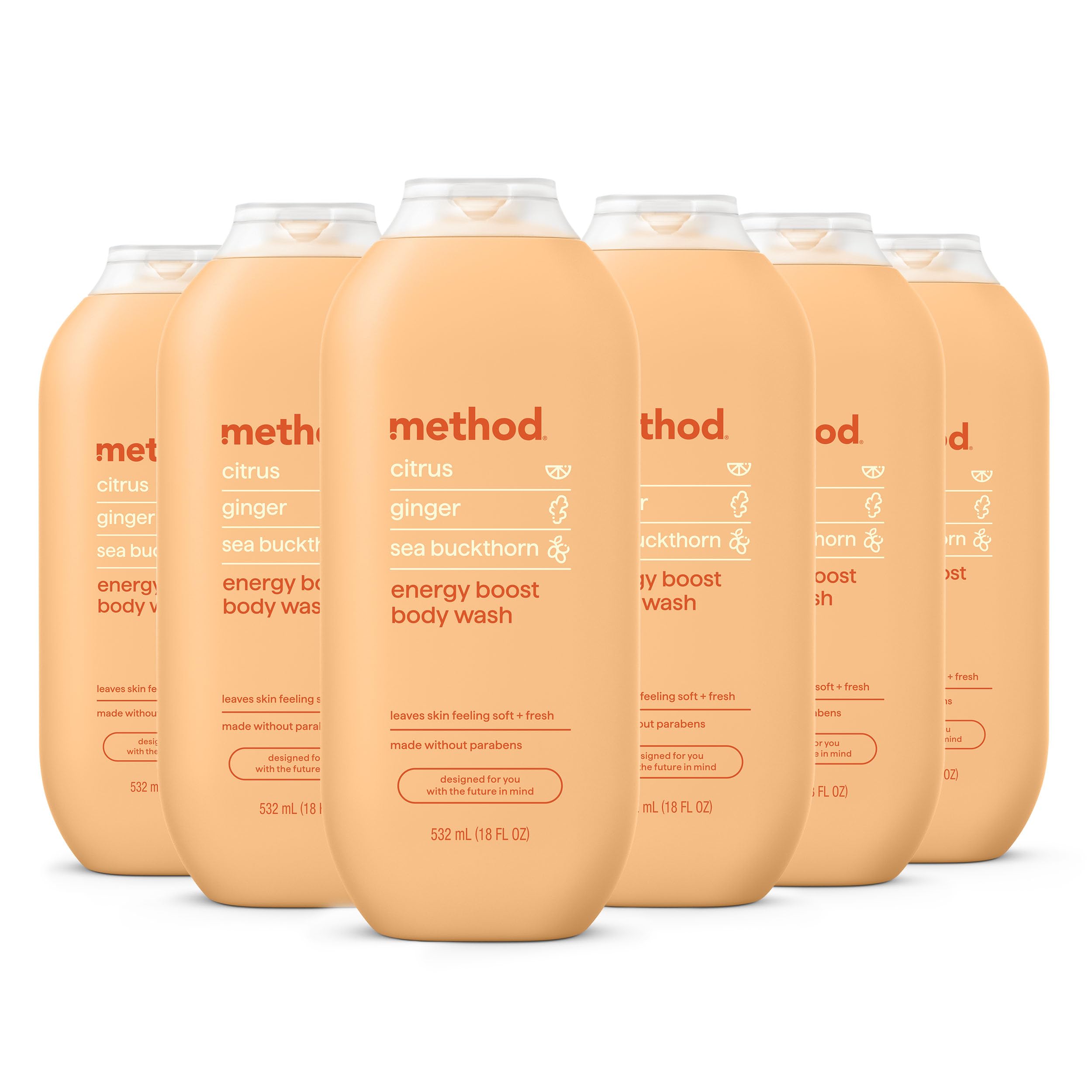 method Body Wash, Energy Boost - Leaves Skin Feeling Soft & Moisturized, Made Without Parabens, Notes of Citrus, Ginger & Sea Buckthorn, 18 fl oz - 6 pack