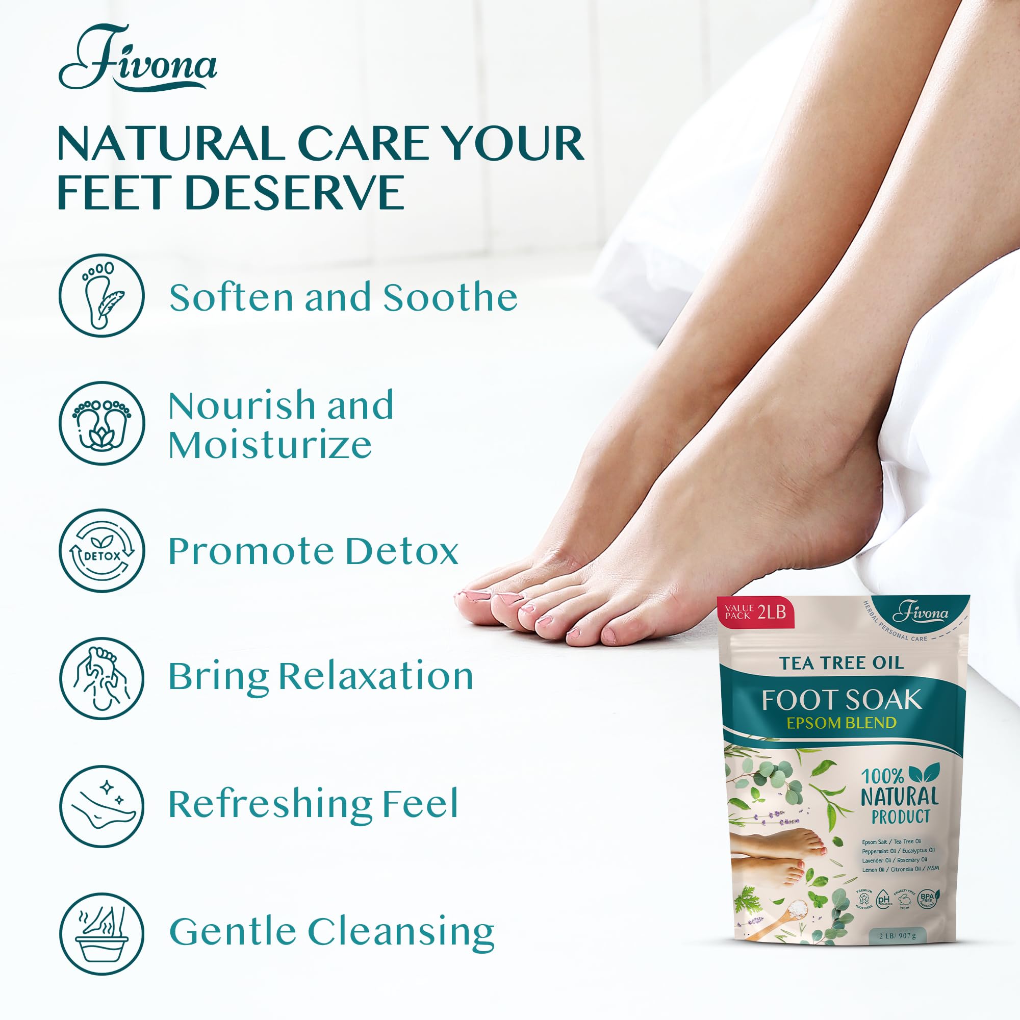 Foot Soak Epsom Salt with Tea Tree Oil 2 LB - Epsom Salt with Essential Oils for Healthy Toenails, Soothing Relief, Callus Softening - Pedicure Therapy for Soft, Rejuvenated Feet