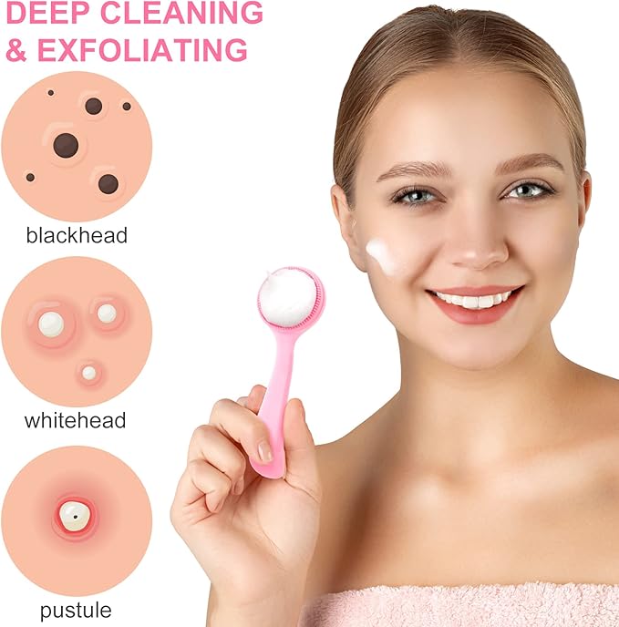 HINZIC Silicone Manual Facial Cleansing Brush, Skin Friendly Waterproof Face Cleaning Scrubber Exfoliator Cleanser for Blackheads Whiteheads Makeup Residues Removal- Pink