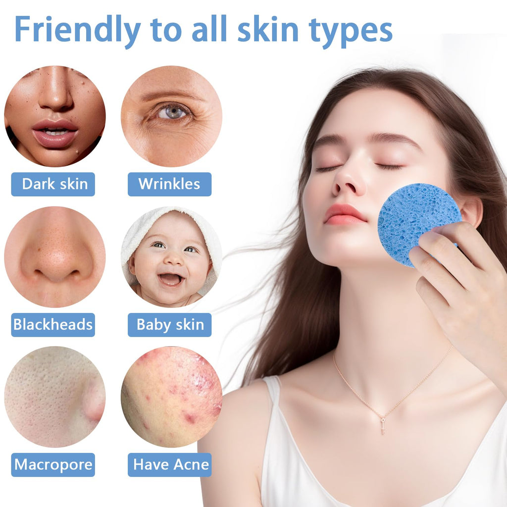 50-Count Large Compressed Facial Sponges for Estheticians, Daily Cleansing and Gentle Exfoliating- 100% Natural Cellulose Spa Sponge Perfect for Removing Dead Skin, Dirt and Makeup (Round 2.95",Blue)