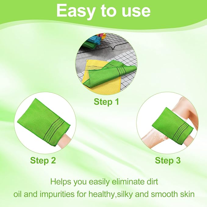 Tatuo 12 Pack Korean Exfoliating Mitt & Cloth, Viscose Rayon Dead Skin Remover Washcloth, Multi Color Body Scrub Towel for Shower Spa Travel(Small,Yellow, Green, Blue, Pink)