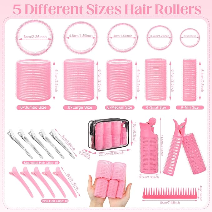 64 PCS Travel Hair Rollers Set for Women - 5 Sizes Self Grip Curlers with 2 Volumizing Roller Clips, 30 Pcs Clips & Comb in Portable Makeup Bag for Long/Medium/Short Hair & Bangs, Pink