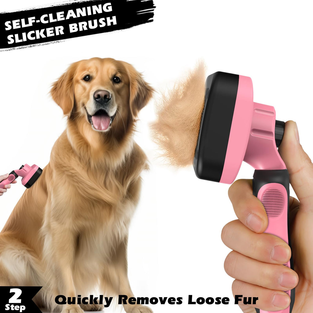 Professional 3PCS Self Cleaning Slicker Brush & Pet Grooming Rake & Flea Comb for Dogs,Cats and Horses | Double-Sided Dematting Comb & Skin Friendly Deshedding Grooming Tool (Light Pink)
