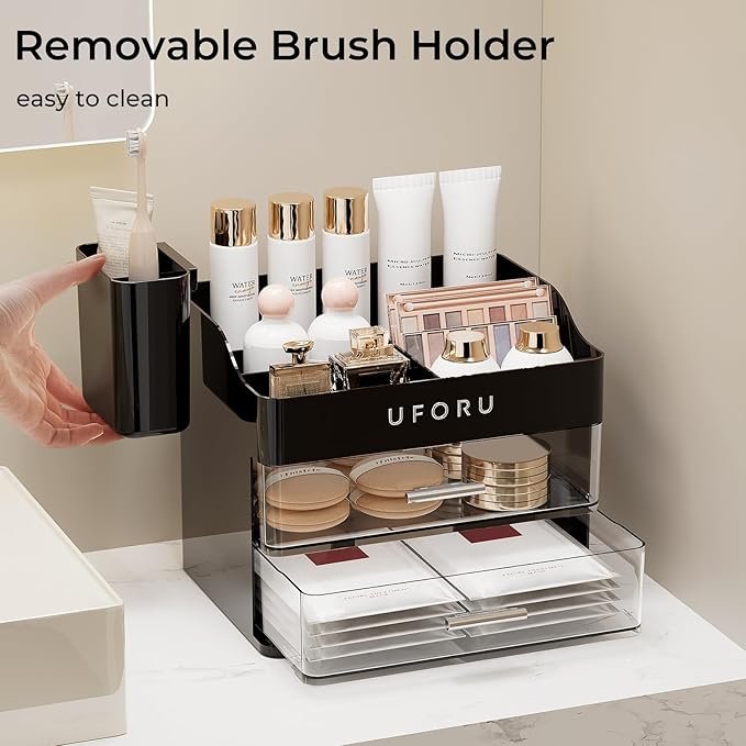 UFORU Makeup Organizer for Vanity with Brush Holder, Countertop Skincare Organizer with 2 Drawers, Spacious Cosmetic Display Case for Perfumes, Cologne, Shaving Lotion