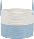 115L Extra Large Blanket Basket for Living Room - Woven Cotton Rope Laundry Hamper with Reinforced Handles - Storage Bin for Pillows, Comforters & Toys - Machine Washable,White&Blue