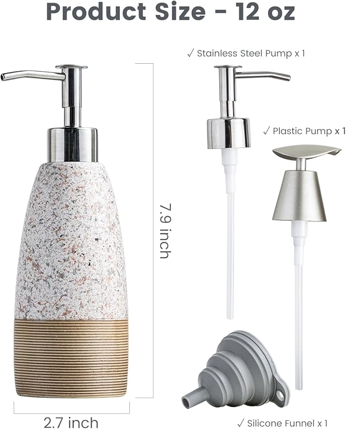 Soap Dispenser Set for Shower, Ceramic Refillable Soap Bottle for Shampoo, Conditioner, Bathroom & Kitchen with Silicone Funnel and 2 Pumps for Easter, Granite Peach Blossom, 12 oz