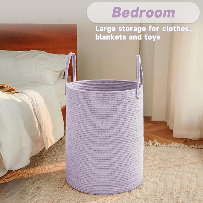 JMvicyroam Large Woven Laundry Basket Hamper,80L Cotton Rope Storage Bin for Blankets,Toys and Clothes,Decorative Tall Nursery Hamper for Living Room,Baby Nursery,Bathroom and Bedroom,Purple