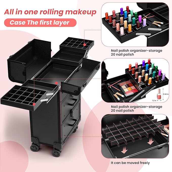 ALUROICE Large Rolling Makeup Train Case, Professional Travel Cosmetology Case on Wheels with Drawers, 3 Tiers Nail Organizers Storage Case for Nail Tech, Tattoo, Hairstylist, Makeup, Extra Large