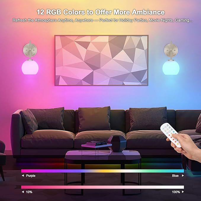Brushed Nickel Battery Operated Wall Sconce Set of 2, Wireless Rechargeable Sconces Wall Lighting with Remote Control, LED Wall Lights with Opal White Glass Shade, 12 Colors RGB & 3 CCT Bulb