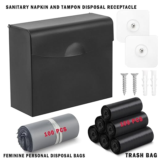 FAOEHN Sanitary Napkin Disposal Receptacle with Hygiene Disposal Bags and Trash Bag,9.4x7.8x3.5 inches Stainless Steel Wall Mounted Feminine Hygiene Disposal Trash Can Bin for Bathroom,Office (Black)