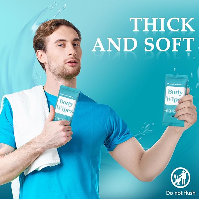 Threlaco 300 Pcs 60 Pack Body Wipes for Adults Bathing No Rinse Individually Wrapped Shower Wipes Washcloth with Aloe Cleansing Body Wash Cloths Disposable Bulk Deodorant Homeless(Blue Background)