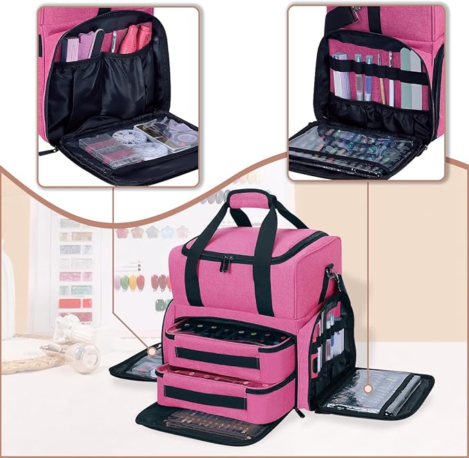 Nail Polish Organizer Case Holds 80 Bottles (15ml - 0.5 fl.oz) and a Nail Lamp,Nail Polish Case with 2 Removable Bags and Tools Storage Sections Rose Red