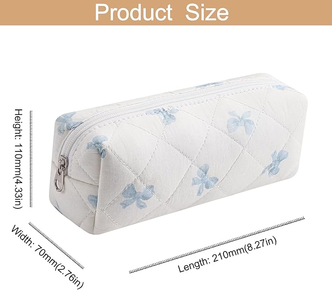 HHQQWZ Cute Floral Cotton Makeup Brush Cosmetic Bag for Women, Travel Quilted Zipper Make Up Bag, Flowers Toiletry Organizer Case Kawaii Makeup Cosmetic Travel Cloth Pouch (Blue Bow Tie)