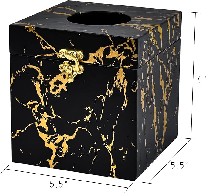 UPPER DECOR Black and Gold Marble Tissue Box Cover for Kleenex Box, Modern Elegant Tissue Box Holder with Lock for Bathroom, Bedroom, and Living Room, Square Shape Toilet Tissue Holder Organizer