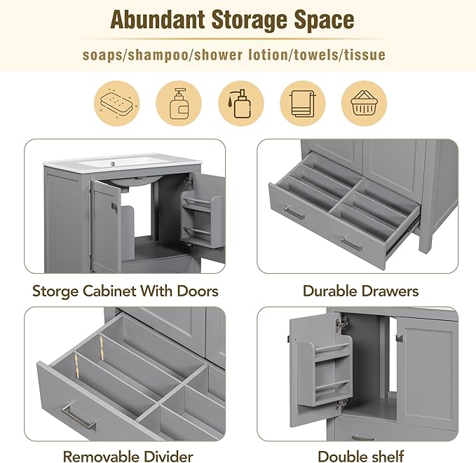 Bellemave 30" Bathroom Vanity with Sink Combo Set, Solid Wood Frame Bathroom Storage Cabinet with a Drawer, 2 Soft Closing Cabinet Doors with Organizer, Grey