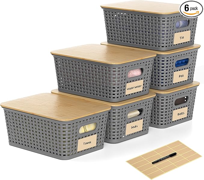 Plastic Storage Baskets with Bamboo Lids and Labels, Stackable Storage Containers, Storage Bins for Organizing Shelves Drawers Desktop Closets Office, 6 Packs-Gray