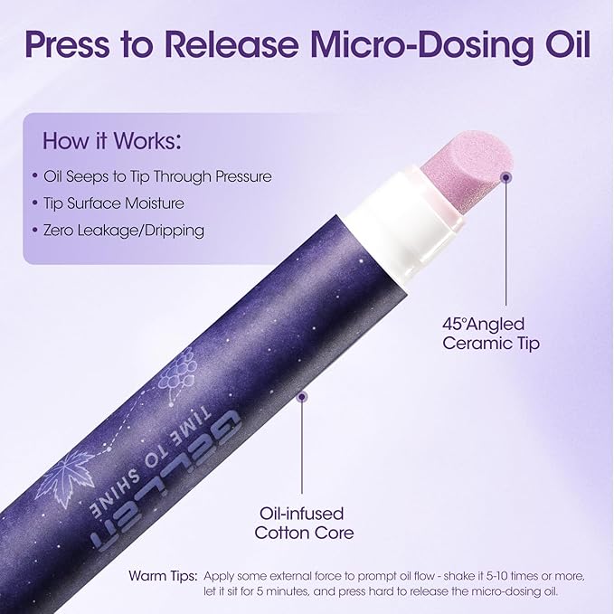 Gellen 4-in-1 Cuticle Pusher Pen with Micro-Dosing Oil, Cuticle Remover & Cuticle Oil Pen for Softening & Hydrating Nails, Ceramic Nail Pusher Tool for Exfoliation, Home Salon Manicure Cuticle Pen
