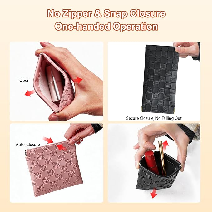 Muswelf 6 Pack 2 Sizes Small Makeup Pouches, Checkered Snap Closure Purse Pouches, PU Leather Coin Pouches, Sunglasses Case, Lipstick Case, Mini Travel Organizer for Women