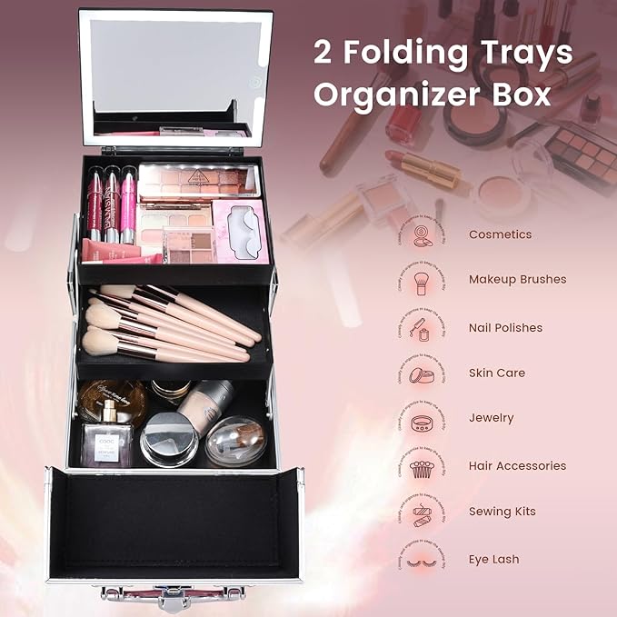Faquenc Makeup Case with Lighted Mirror - Shiny Pink Hard Makeup Train Case with 3-Color LED Mirror, Portable Makeup Organizer Box for Women & Travel, Aluminum Cosmetic Case with Lock