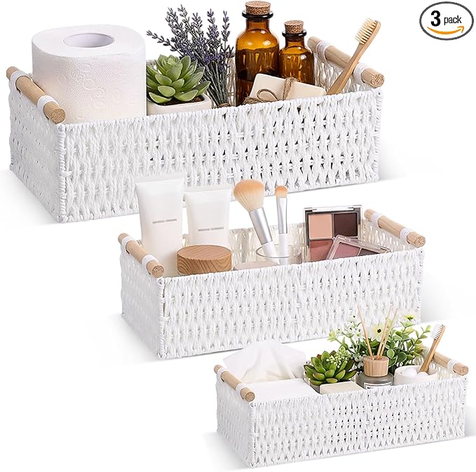 Boao 3 Pcs Boho Storage Wicker Baskets Handmade Woven Decorative Paper Rope Baskets for Organizing with Handle Countertop Toilet Paper Storage Container for Toilet Tank Top(White,Rectangle)