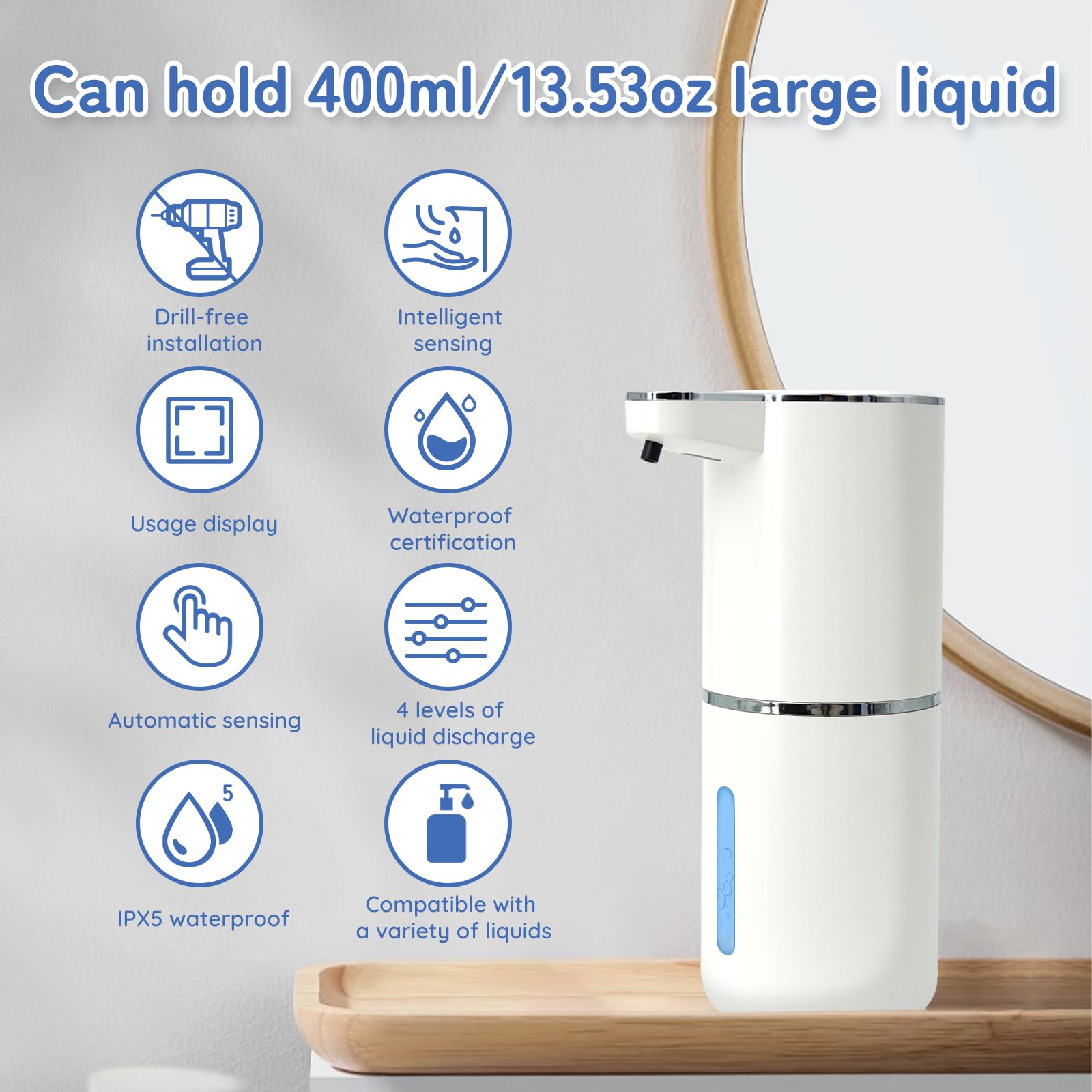 Liquid Soap Dispenser, Automatic Soap Dispenser, 13.5oz/400ml Automatic Soap Dispenser Touchless, USB Rechargeable 4 Level Adjustable Electric Hand Soap Dispenser, for Bathroom, Kitchen,Hotel(White)