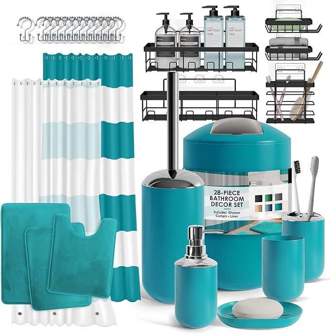 Clara Clark Bathroom Accessories Set - 23PC Shower Curtain Set with Bathroom Trash Can, Green Bathroom Set, Bathroom Sets with Shower Curtain and Green Rugs