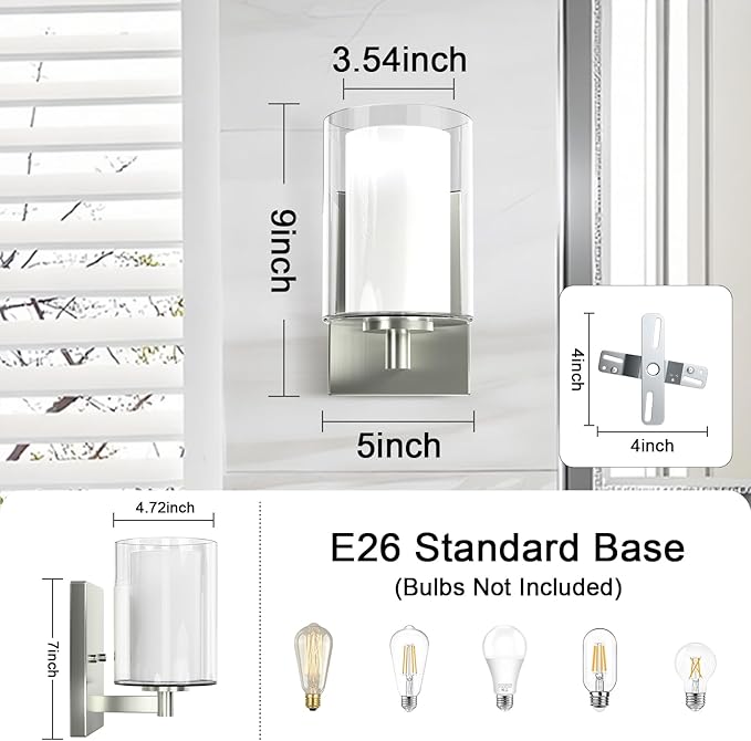 Wall Sconces Set of Two: Bathroom Sconce of 2, Silver Vanity Fixtures with Double Clear Glass Shade, E26 Base Hardwired Farmhouse Wall Lights for Bedroom Living Room Bathroom (Bulb not Included)