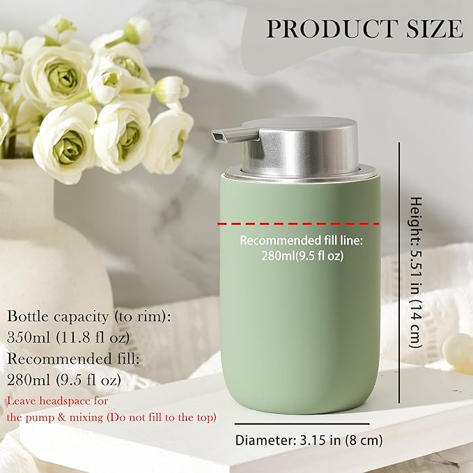 GIRLUFO Foaming Soap Dispenser,12oz Foam Dispenser Ceramic,Foaming Hand Soap Dispenser Bathroom,Green Modern Refillable Soap Bottle for Hand Wash(Rubber Paint)