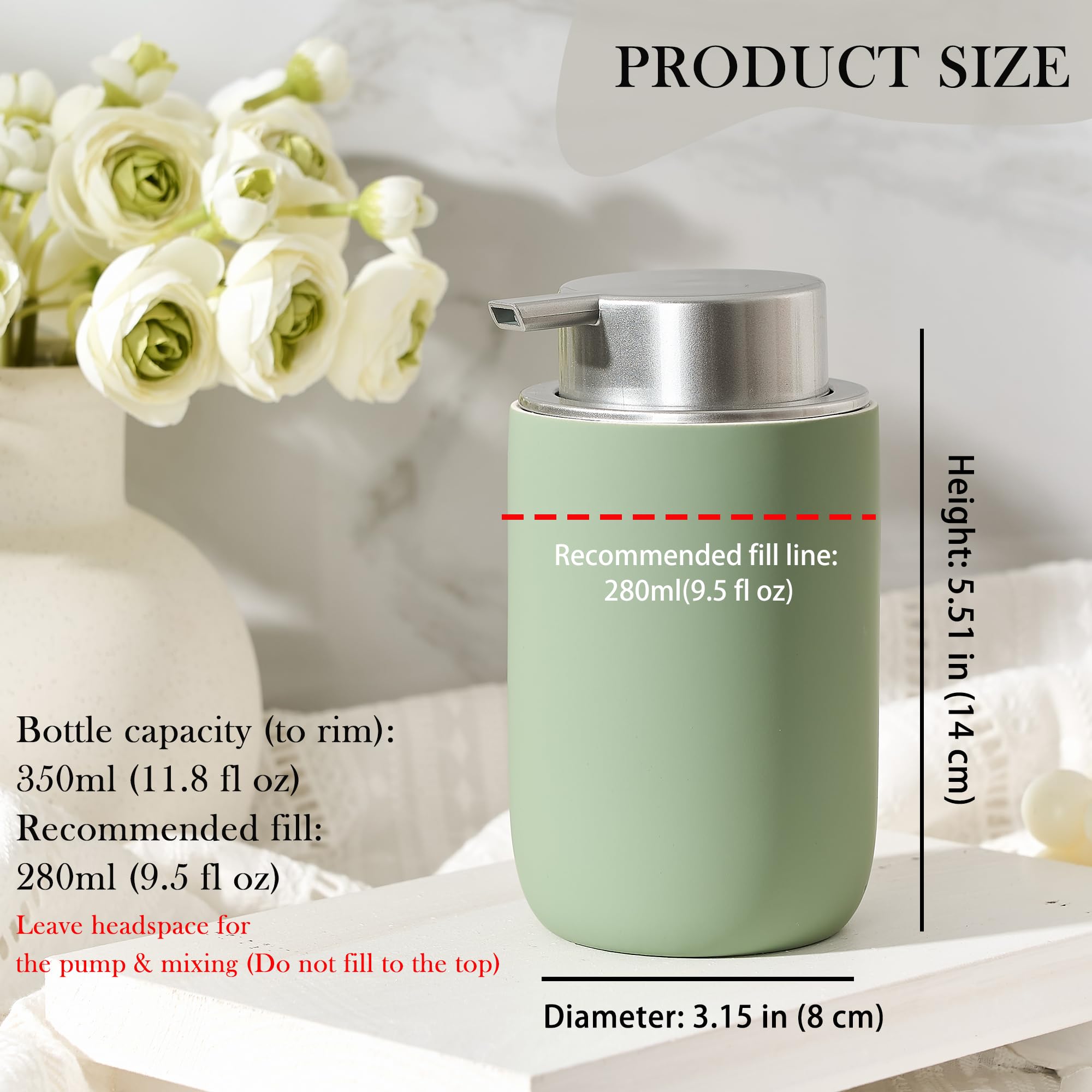GIRLUFO Foaming Soap Dispenser,12oz Foam Dispenser Ceramic,Foaming Hand Soap Dispenser Bathroom,Green Modern Refillable Soap Bottle for Hand Wash(Rubber Paint)
