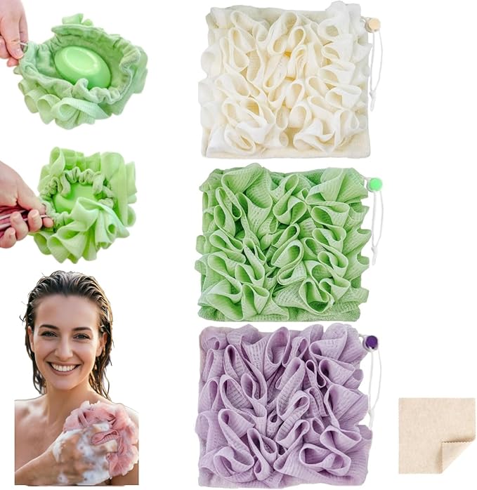 Washcloth Loofah Combo 2-in-1 Loufee Wash Cloth that Holds Bar Soap-Exfoliation Mesh Shower Ball for Body Wash&Smooth Skin+Free Loofah Dish Towel