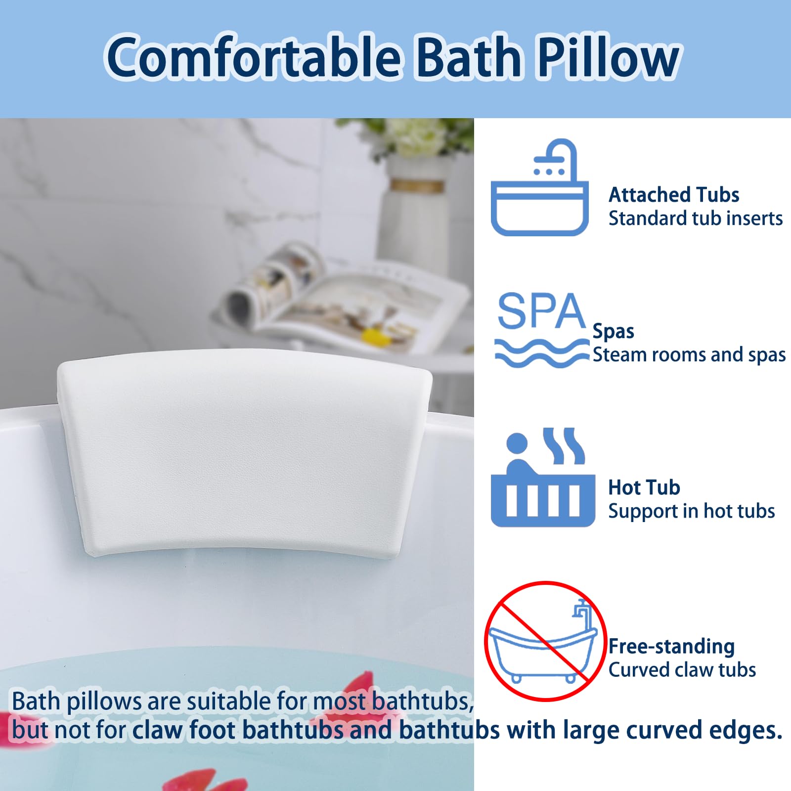 Guluto Bath Pillow, Bath Pillows for Tub with Head, Neck and Shoulder Support, Ergonomic Waterproof Bathtub Pillow with Strong Non-Slip Suction Cups, Relaxing Spa, Hot Tubs, Bathroom Essentials White