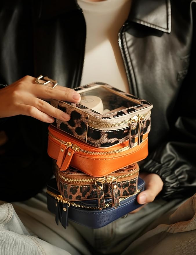 Small Makeup Bag for Purse Accessories Women Clear Cosmetic Mini Pouch Car Essentials Bag Leopard Print Clear Leather Make Up Travel Bag Organizer with Zipper Cute Compact Cheetah Little Toiletry Bag
