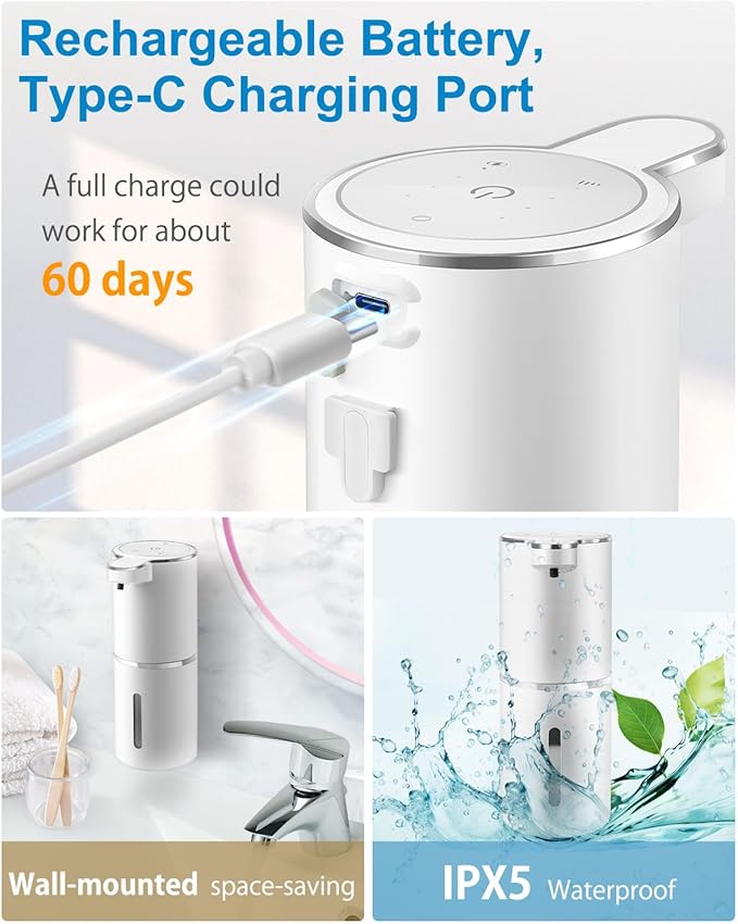 Gotofine Automatic Liquid Soap Dispenser,4-Level Adjustable, Wall Mount,USB Rechargeable,12.8oz/ 380ml,Touchless Hand & Dish Soap Dispenser for Bathroom, Kitchen,Hotel, Restaurant