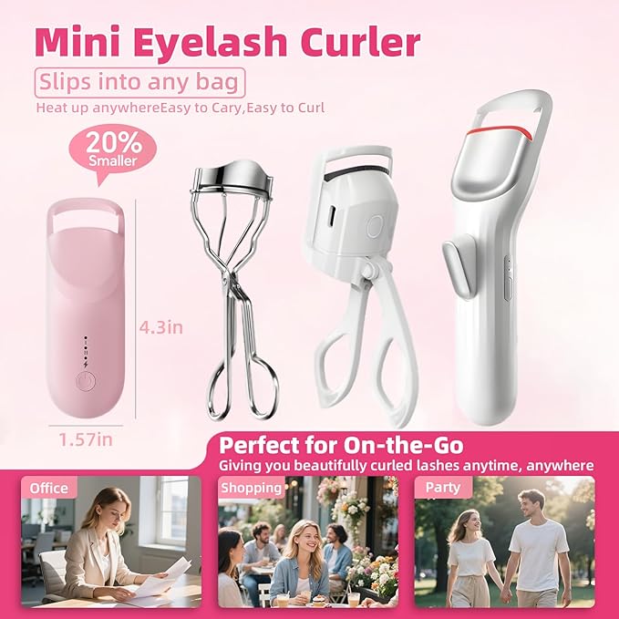 Heated Eyelash Curler, 10s Fast Heating Portable Electric Lash Curler, Type-C Rechargeable Travel Eye Lash Curlers with Anti-Scalding Silicone Pad, 2 Temp Modes & 24H Long Lasting Curves (Pink)