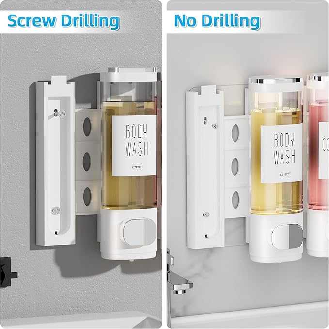 VITVITI Shampoo and Conditioner Dispenser for Shower Wall, Shower Soap Dispenser 3 Chamber No Drill Wall Mounted, 10.2 OZ Plastic Refillable Shower/Body Wash Bottles for Bathroom (White)