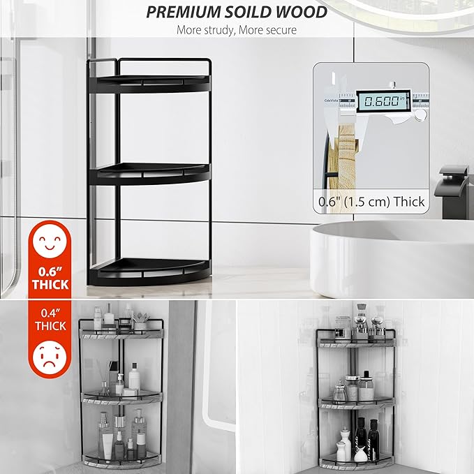 CeleVista Corner Bathroom Counter Organizer, 3 Tier Bathroom Sink Shelf Countertop, Wood Vanity Skincare Storage for Toiletries Decor, Makeup, Dresser(Black)