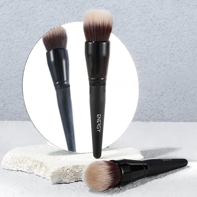 ENERGY Stippling Brush,Professional Makeup Brush for Liquid, Contour, Foundation, Bronzer, Blush, Powder, Buffing, Blending, Soft Vegan Synthetic Bristles, Face Make Up Tool,Black