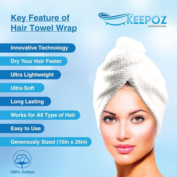 KEEPOZ Hair Towel Wrap Quick Dry 100% Cotton Super Absorbent Turban Head Wrap for Women with Button, Non Microfiber Anti Frizz Hair Cap for Curly, Long & Thick Hair (White Check, 2 Pcs)