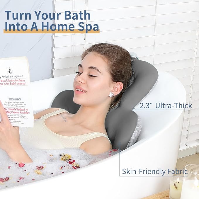 Bath Cushion, Full Body Bathtub Pillow with 160 Suction Cups, Bath Mat for Head and Neck Support, with Laundry Bag (Dark Gray, 56" x 16")