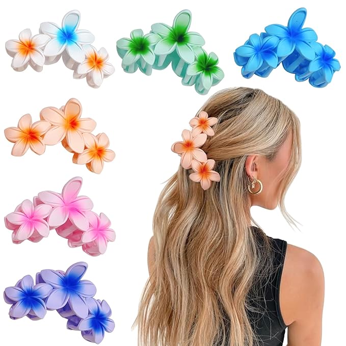 YONOY 6Pcs Flower Hair Clips for Women,Non-Slip Matte Flower Hair Clips for Women,Hawaiian Hair Flower Clip Large Plumeria Strong Hold Hair Claws Banana Cute Clip Beach Hair Accessories