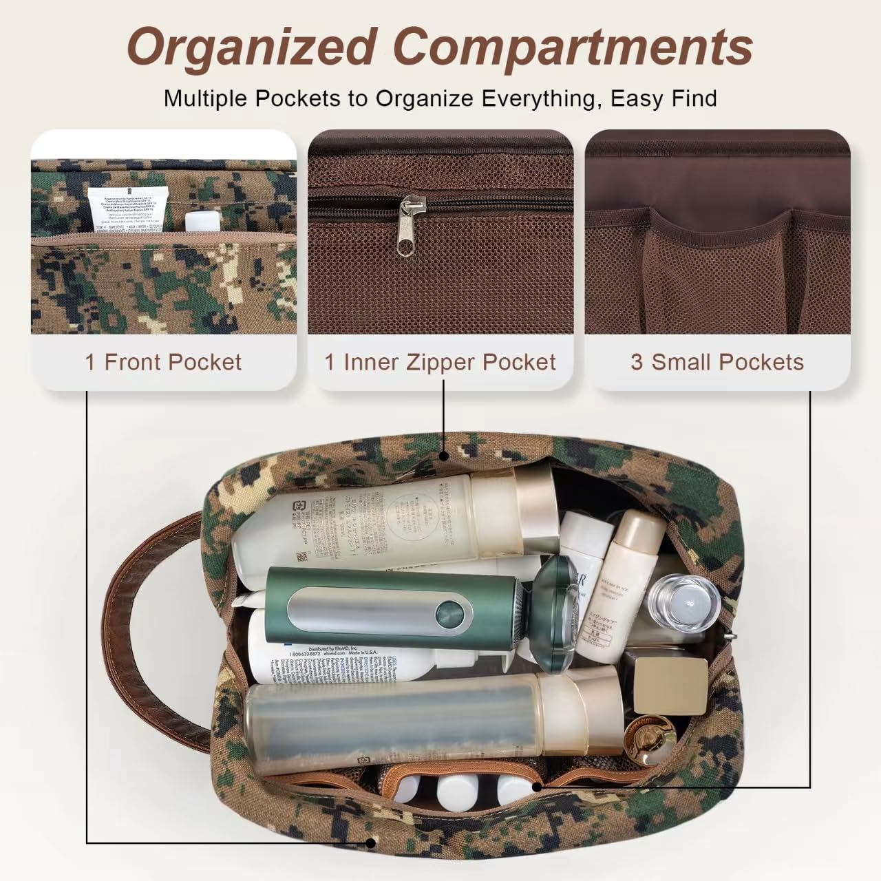 Ezday Travel Toiletry Bag for Men, Hanging Toiletry Organizer, Water Resistant Shaving Kit with Large Capacity for Travel Accessories (Camo-Green, Medium)