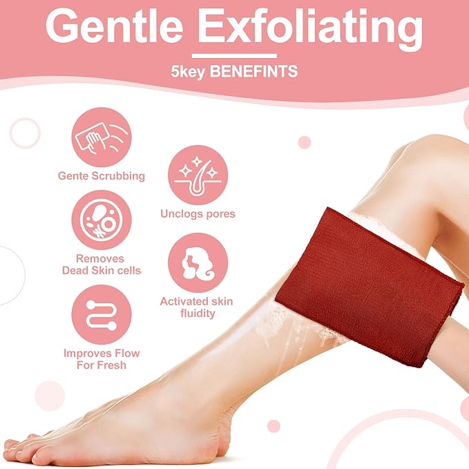 Tatuo 12 Pack Korean Exfoliating Mitt & Cloth, Viscose Rayon Dead Skin Remover Washcloth, Multi Color Body Scrub Towel for Shower Spa Travel(Small,Pink, Brick Red, Gray, Blue)